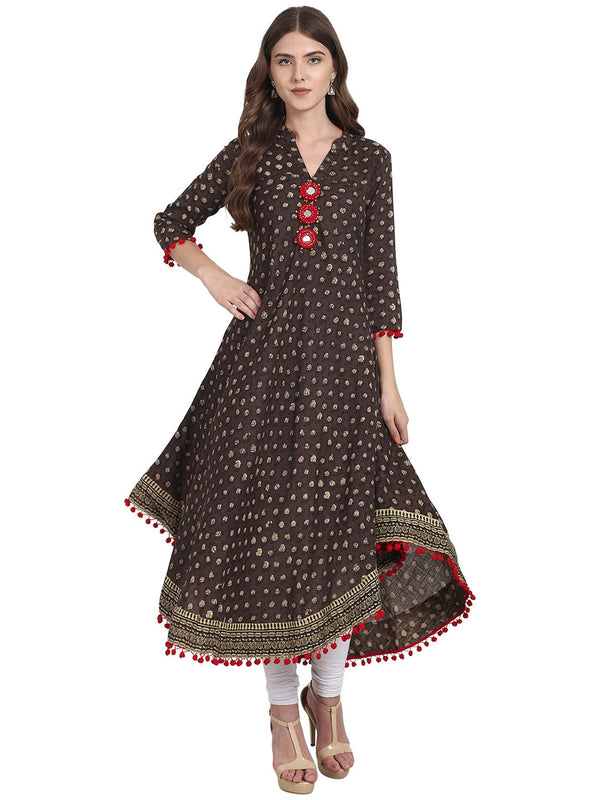 Coffee brown printed 3/4 sleeve Cotton Anarkali kurta with Mirror work at yoke | NOZ2TOZ - Made In INDIA.