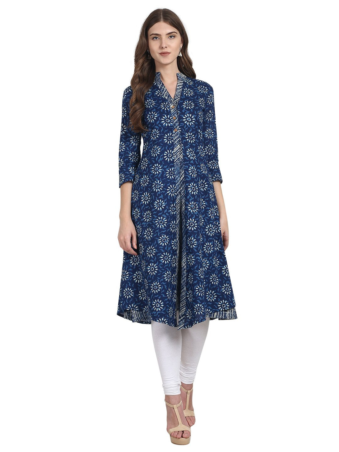 Women Blue printed 3/4 sleeve front open cotton kurta | NOZ2TOZ - Made In INDIA.