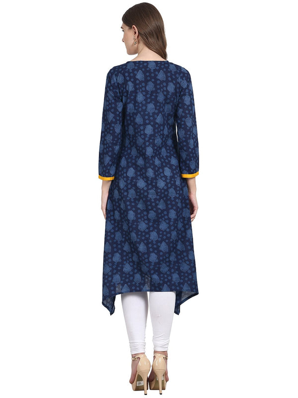 Women Blue printed 3/4 sleeve cotton front open kurta | NOZ2TOZ - Made In INDIA.