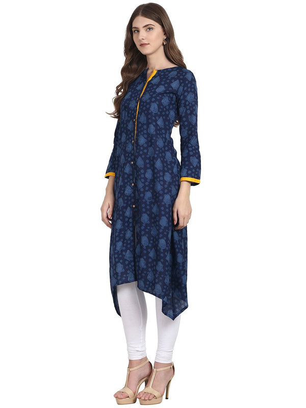 Blue printed 3/4 sleeve cotton front open kurta | NOZ2TOZ - Made In INDIA.