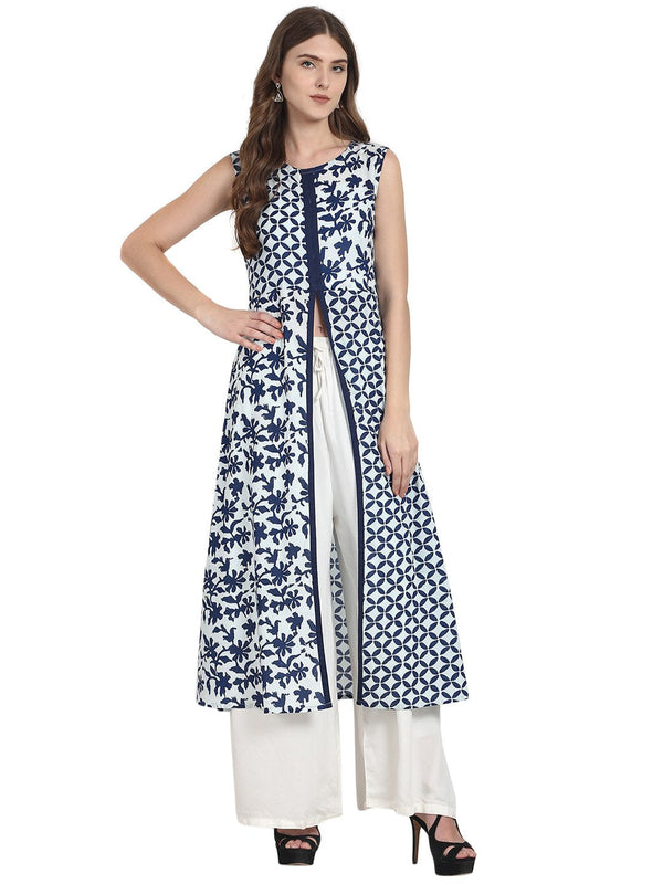 Blue printed sleevless cotton kurta with high front slit | NOZ2TOZ - Made In INDIA.