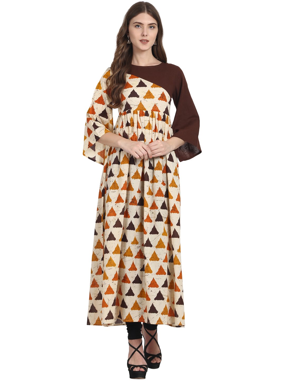 Cream printed 3/4th sleeve cotton Anarkali kurta | NOZ2TOZ - Made In INDIA.