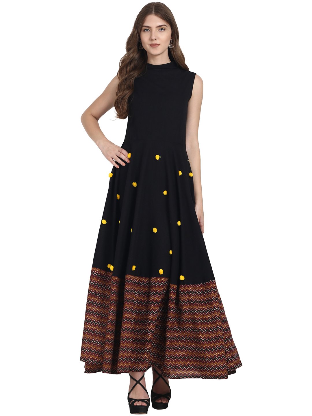 Black sleevless cotton slub A-line kurta | NOZ2TOZ - Made In INDIA.