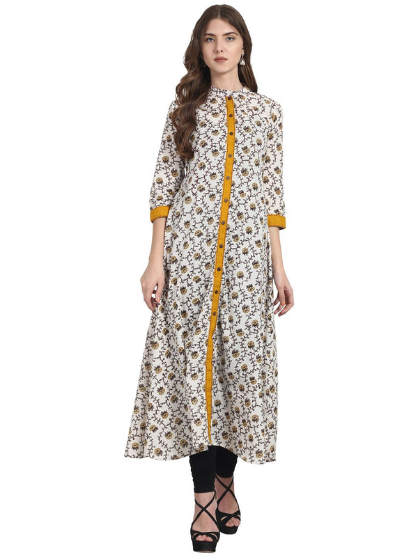 White printed 3/4th sleeve cotton A-line front open kurta | NOZ2TOZ - Made In INDIA.