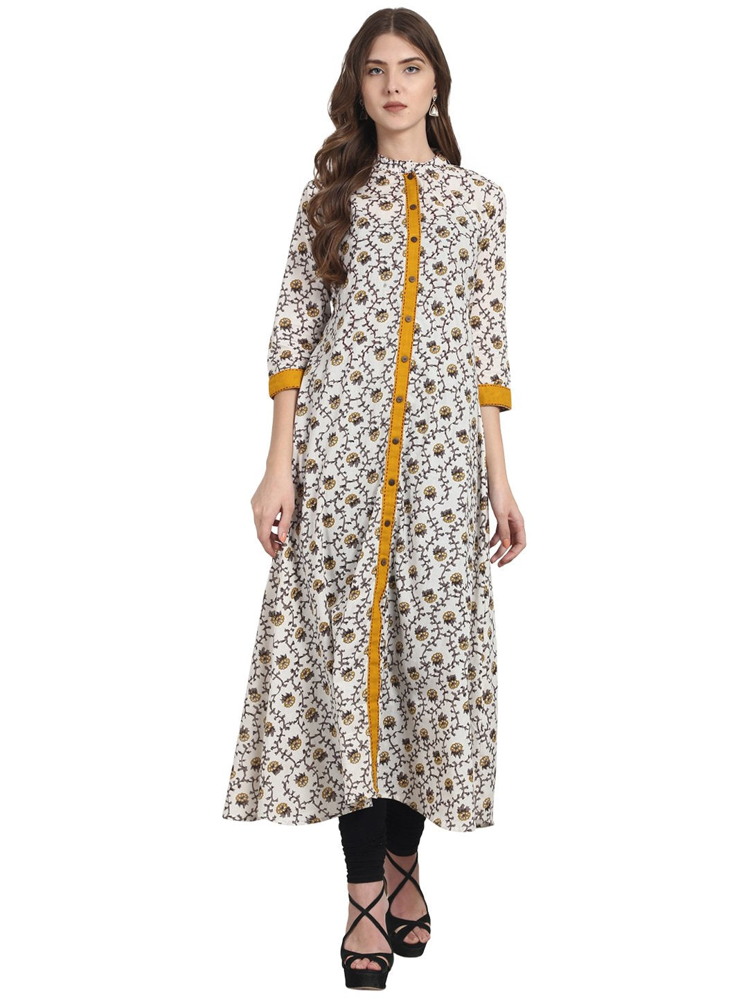 Women White printed 3/4th sleeve cotton A-line front open kurta | NOZ2TOZ - Made In INDIA.