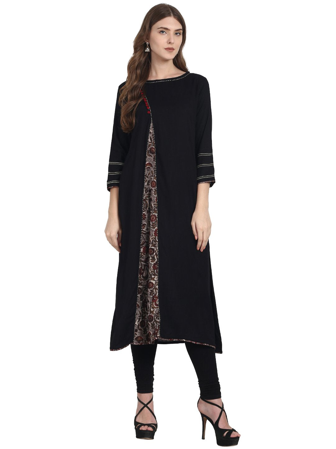 Women Black 3/4th sleeve A-line cotton kurta | NOZ2TOZ - Made In INDIA.