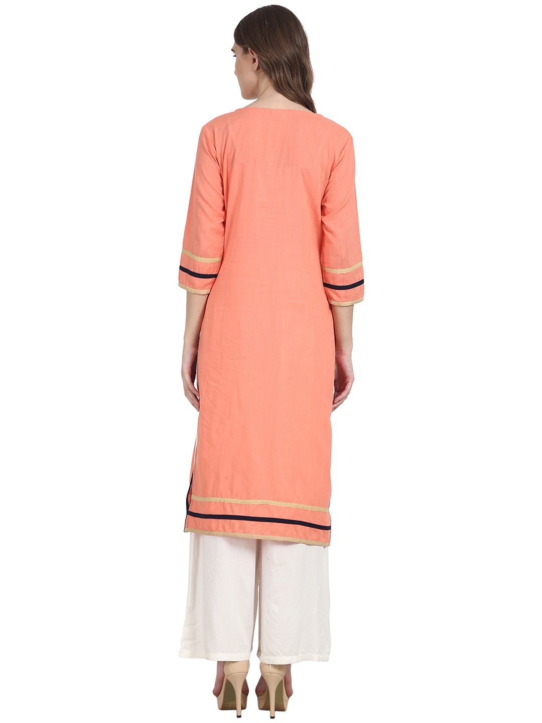 Women Peach 3/4 sleeve cotton Slub kurta with embroidery work | NOZ2TOZ - Made In INDIA.