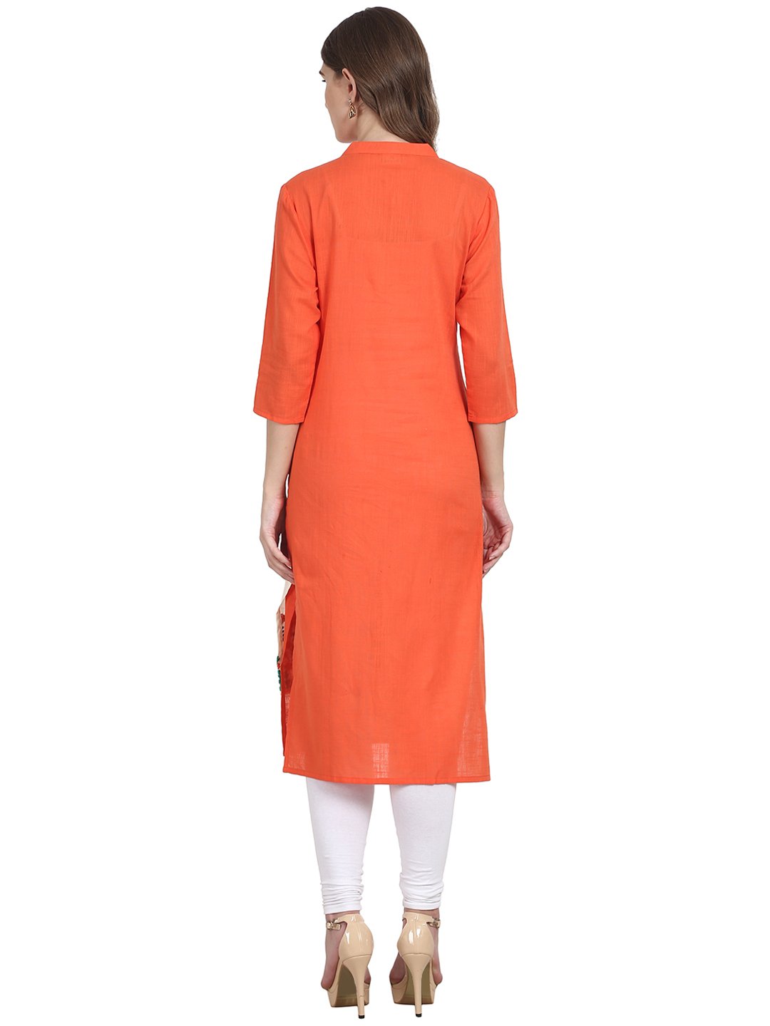 Women Orange 3/4 sleeve cotton slub kurta with Embroidery work | NOZ2TOZ - Made In INDIA.