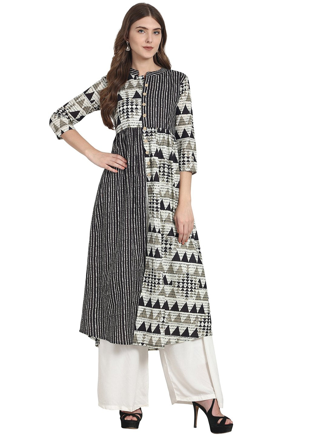 Women Grey printed 3/4 sleeve cotton A-line kurta | NOZ2TOZ - Made In INDIA.