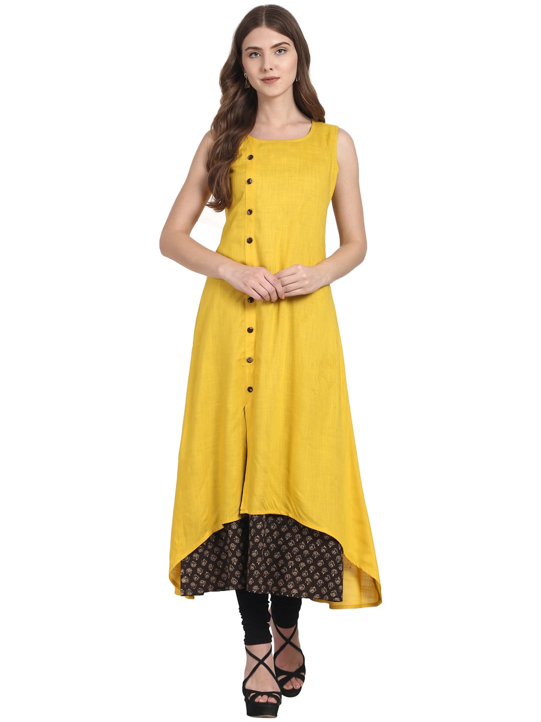 Women Yellow sleevless front open cotton slub double kurta | NOZ2TOZ - Made In INDIA.