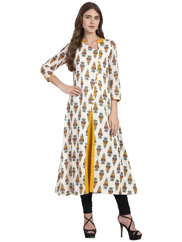 White printed 3/4th sleeve cotton A-line kurta | NOZ2TOZ - Made In INDIA.