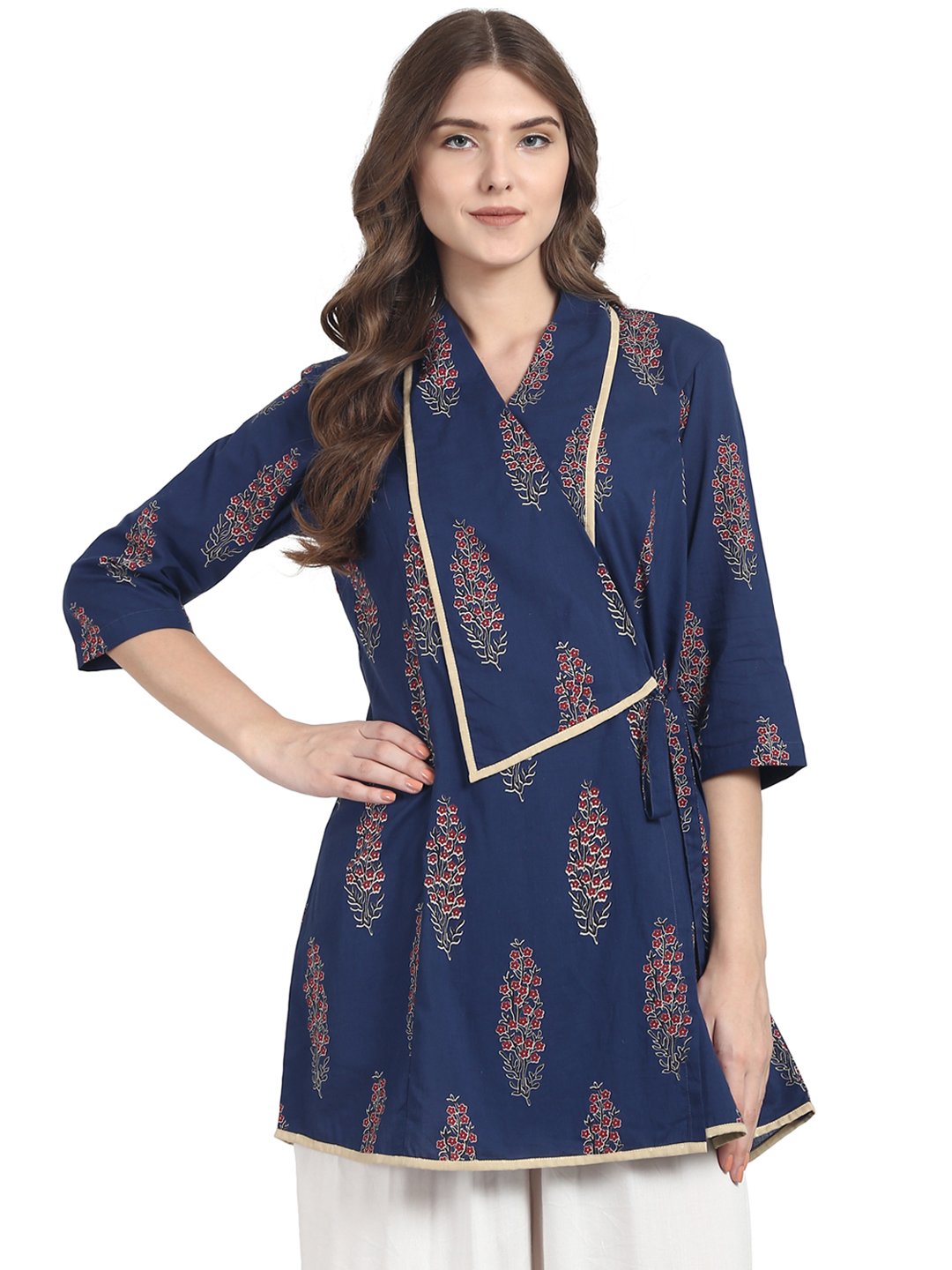 Blue 3/4 sleeve cotton angrakha style tunic | NOZ2TOZ - Made In INDIA.