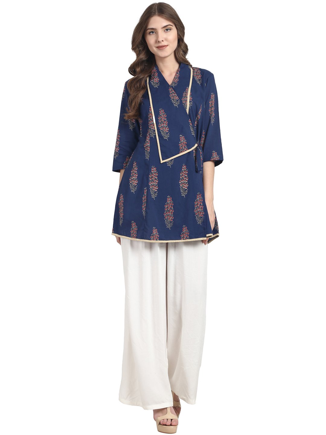 Blue 3/4 sleeve cotton angrakha style tunic | NOZ2TOZ - Made In INDIA.