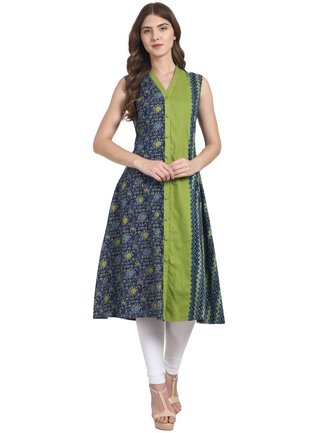 Green sleevless front open cotton kurta | NOZ2TOZ - Made In INDIA.