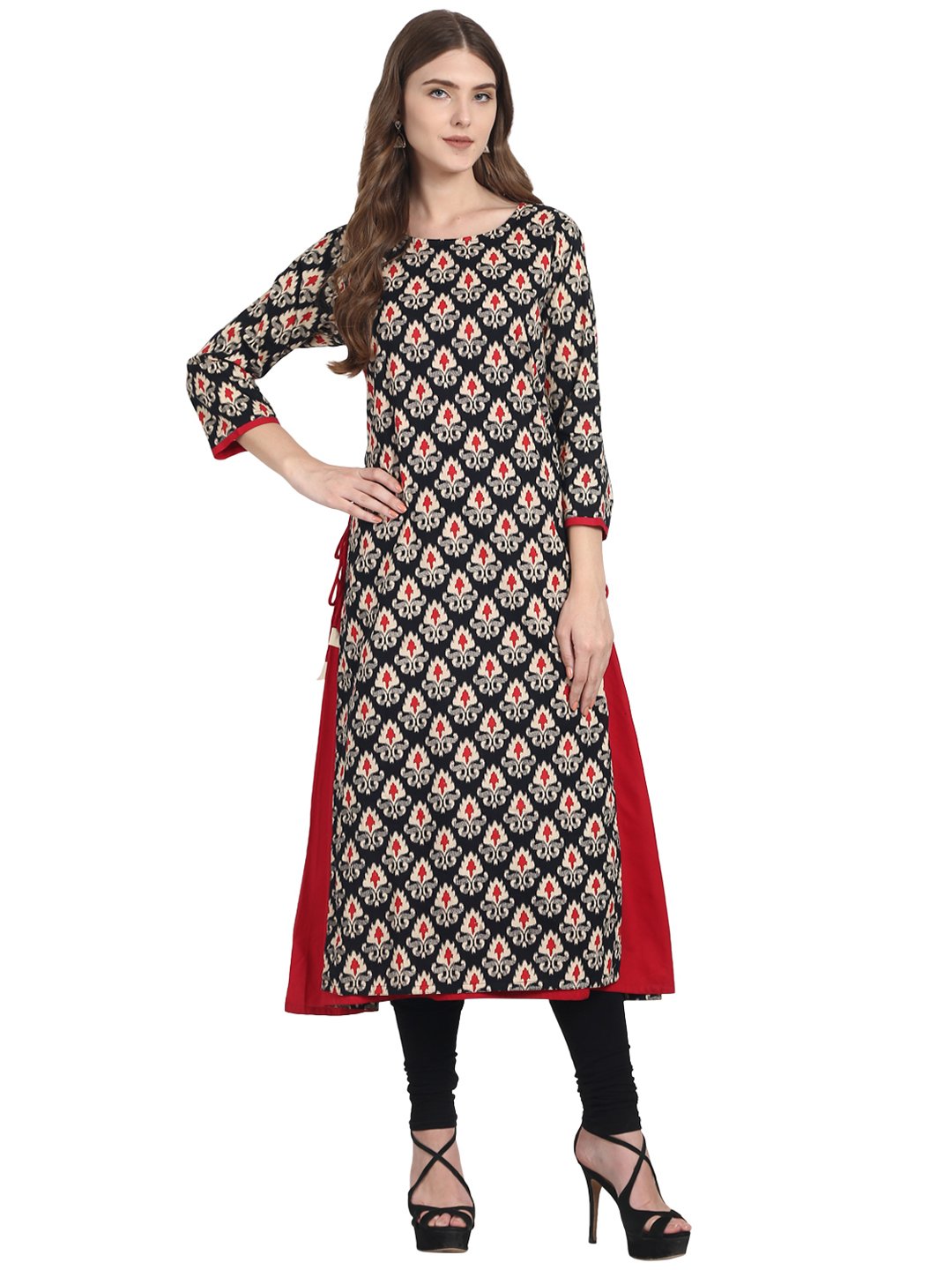 Black printed 3/4th sleeve cotton double layer A-line kurta | NOZ2TOZ - Made In INDIA.