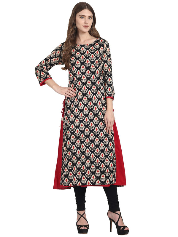 Women Black printed 3/4th sleeve cotton double layer A-line kurta | NOZ2TOZ - Made In INDIA.