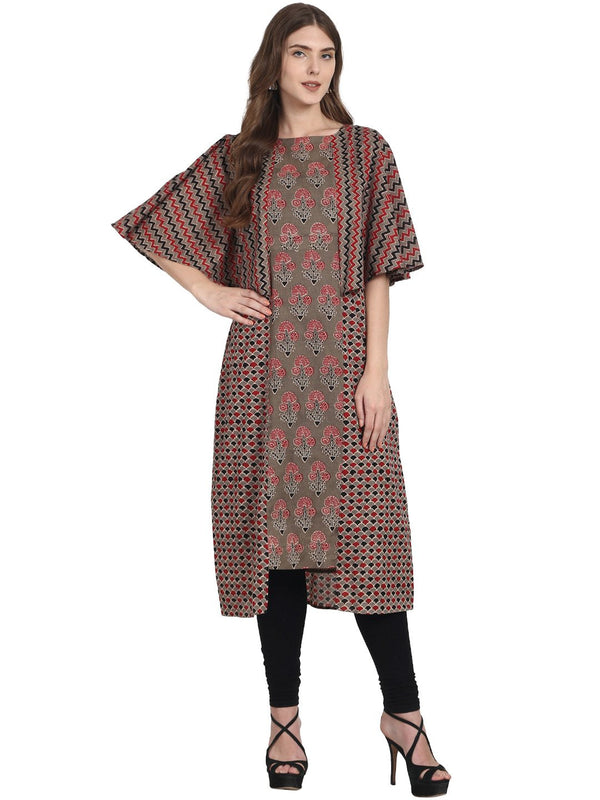 Taupe printed short sleeve double layer cotton kurta | NOZ2TOZ - Made In INDIA.