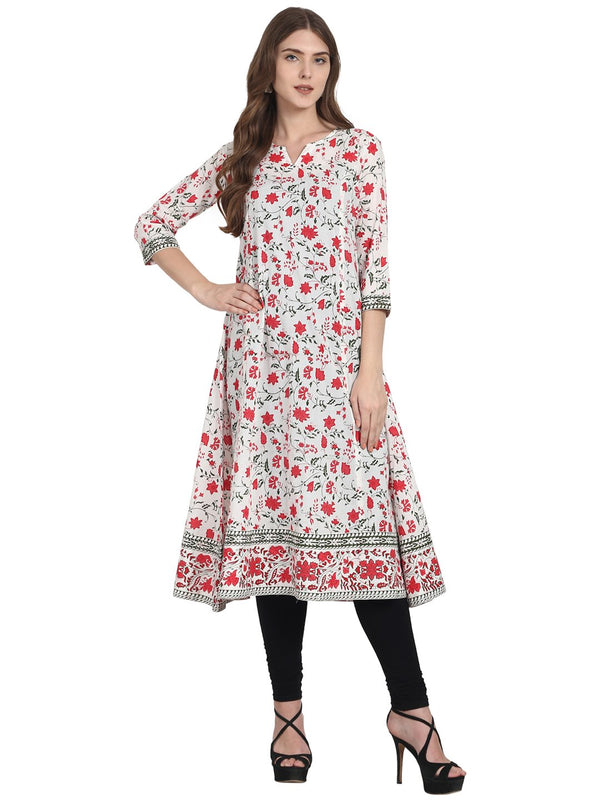 White printed 3/4th sleeve cotton Anarkali kurta | NOZ2TOZ - Made In INDIA.