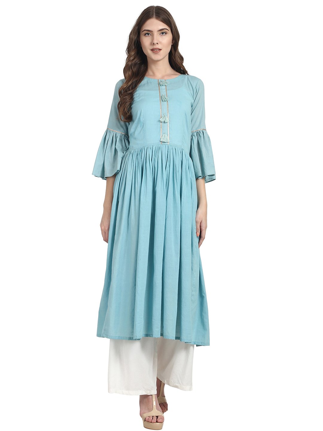 Blue 3/4 sleeve cotton Anarkali kurta | NOZ2TOZ - Made In INDIA.