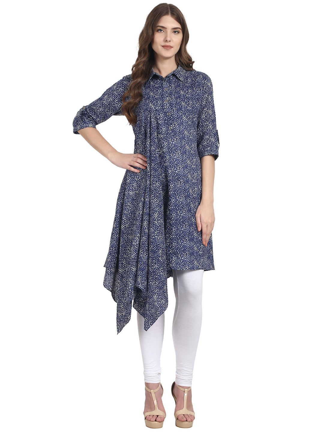 Women Blue 3/4th sleeve shirt color cotton kurta with side gathering | NOZ2TOZ - Made In INDIA.