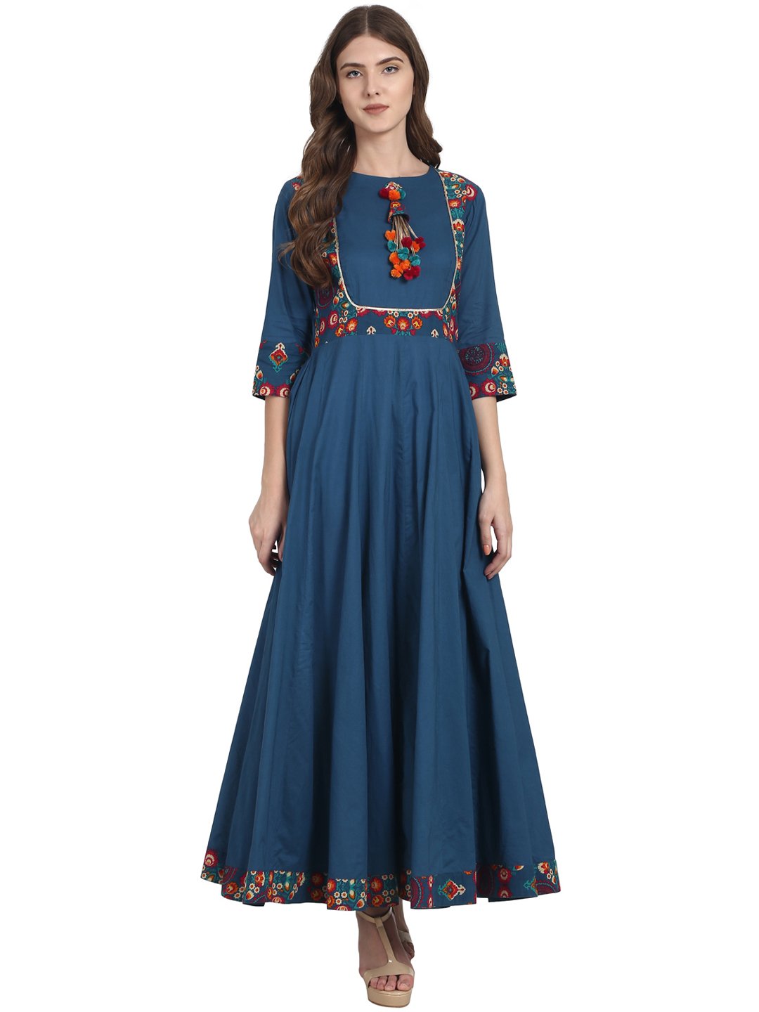 Blue 3/4 sleeve cotton anarkali kurta with latkan at yoke | NOZ2TOZ - Made In INDIA.