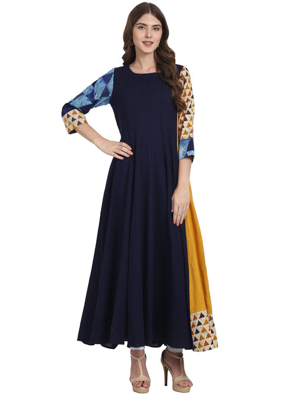 Women Navy blue 3/4th sleeve cotton slub anarkali kurta | NOZ2TOZ - Made In INDIA.