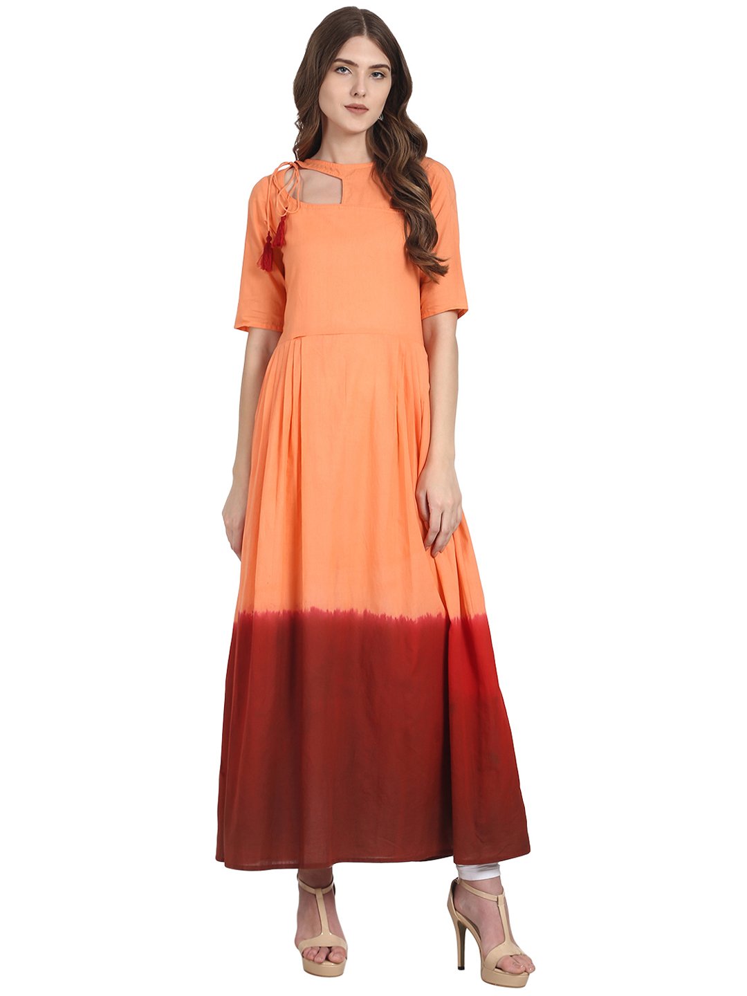 Women Coral short sleeve tie dye anarkali kurta | NOZ2TOZ - Made In INDIA.