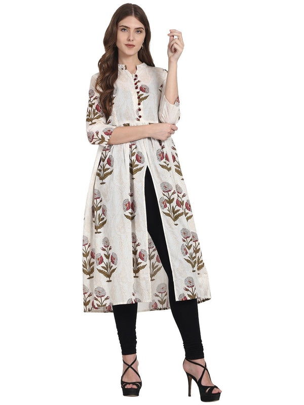 Women White printed 3/4th sleeve cotton high slit kurta | NOZ2TOZ - Made In INDIA.