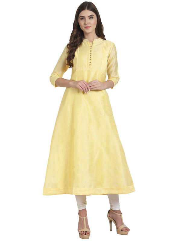 Yellow 3/4th Sleeve dupion A-line kurta | NOZ2TOZ - Made In INDIA.