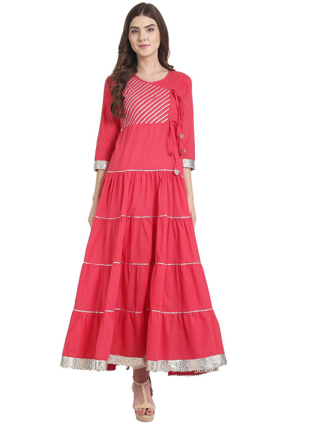 Women Red 3/4th sleeve tiered cotton anarkali kurta with lace work | NOZ2TOZ - Made In INDIA.