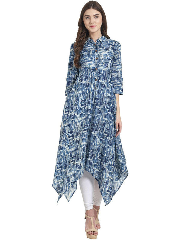 Women Blue 3/4th sleeve cotton A-line kurta | NOZ2TOZ - Made In INDIA.