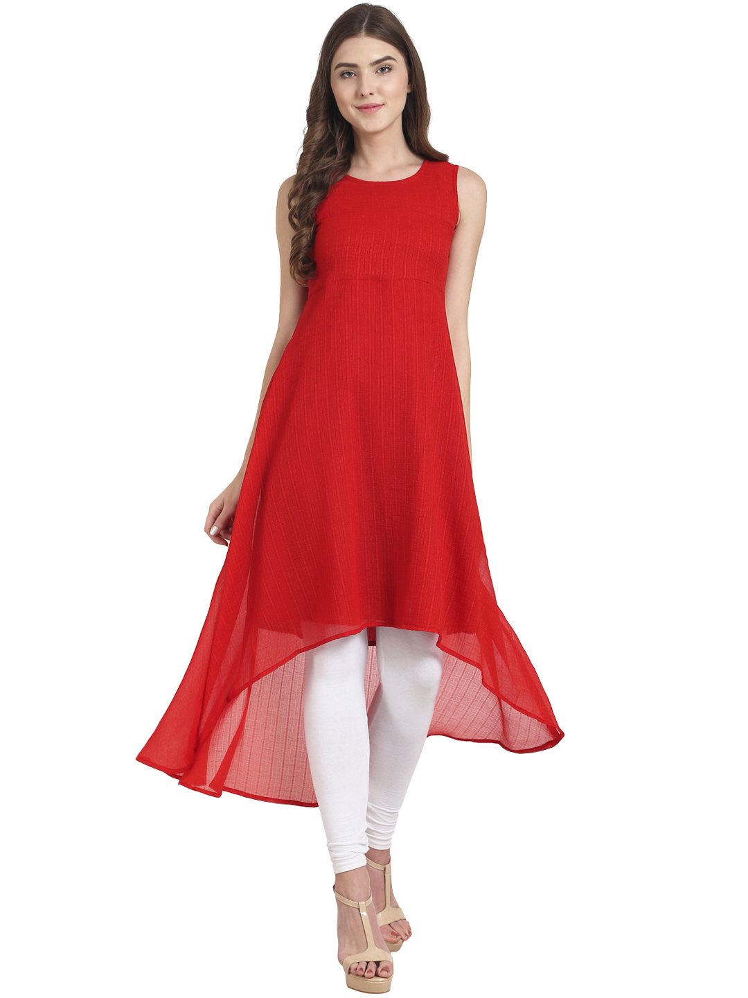 Women Red sleeveless chiffon low high kurta with cotton line | NOZ2TOZ - Made In INDIA.