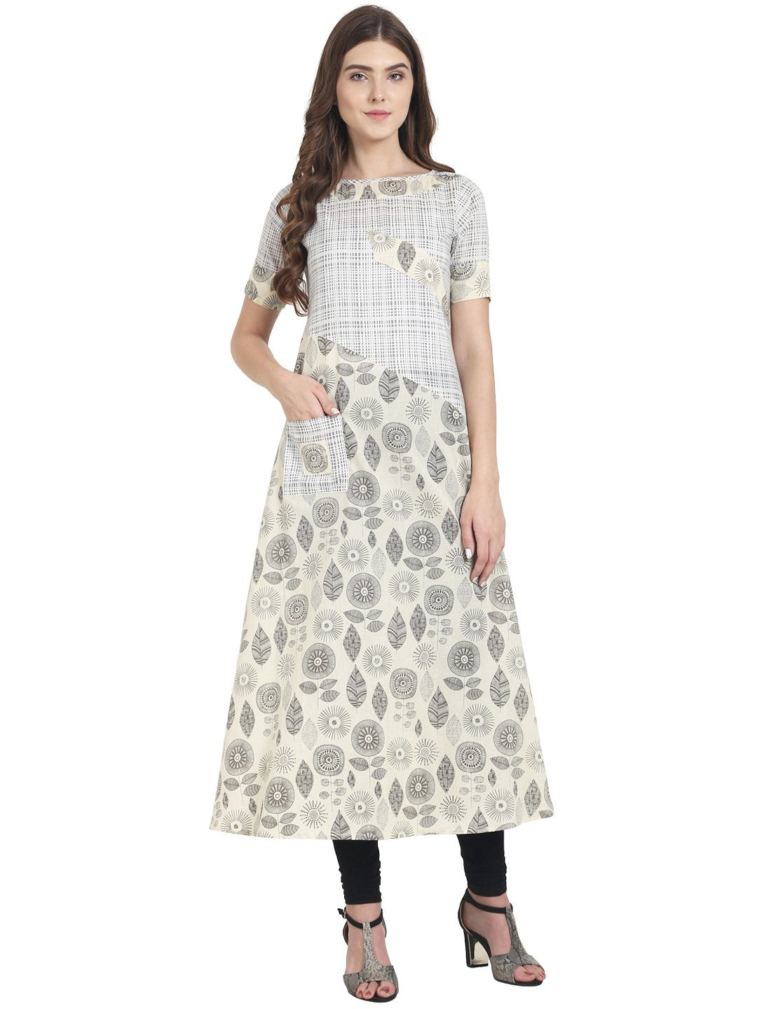 Women White printed half sleeve cotton A-line kurta | NOZ2TOZ - Made In INDIA.