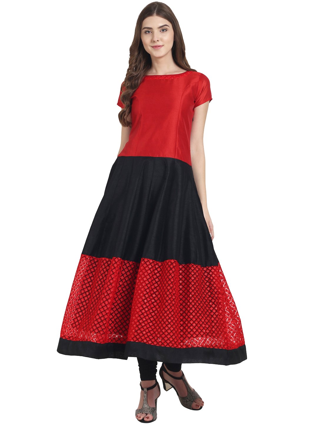 Women Red & Black cap sleeve net and dupion anarkali kurta | NOZ2TOZ - Made In INDIA.