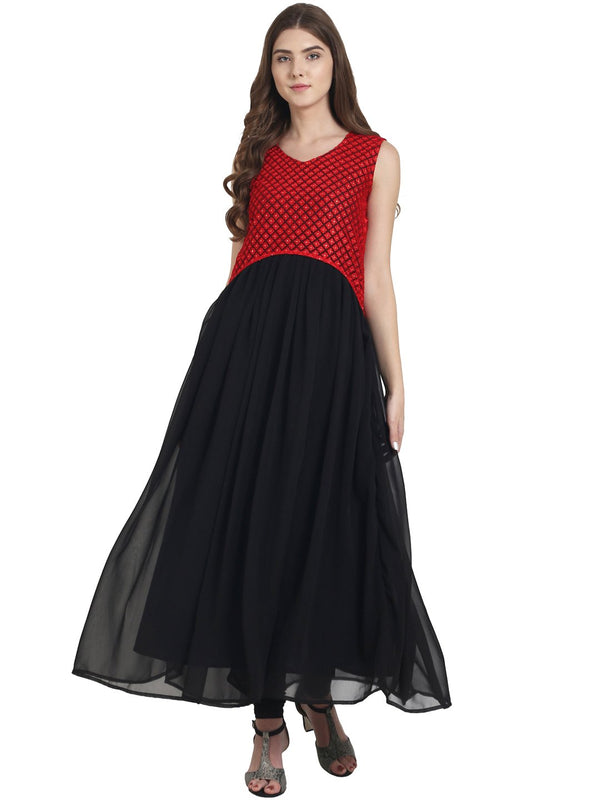 Women Black sleeveless georgette with cotton line Anarkali kurta with Net work at yoke | NOZ2TOZ - Made In INDIA.