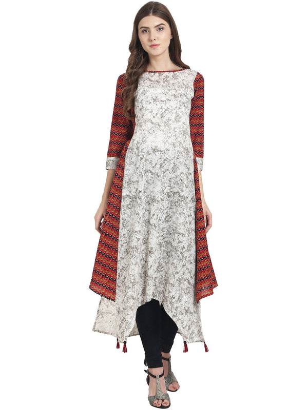 White printed 3/4th sleeve cotton A-line kurta | NOZ2TOZ - Made In INDIA.