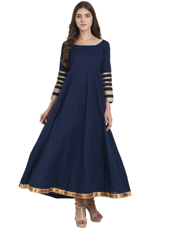 Blue full sleeve cotton Anarkali kurta with lace work at Sleeve & Hemline | NOZ2TOZ - Made In INDIA.