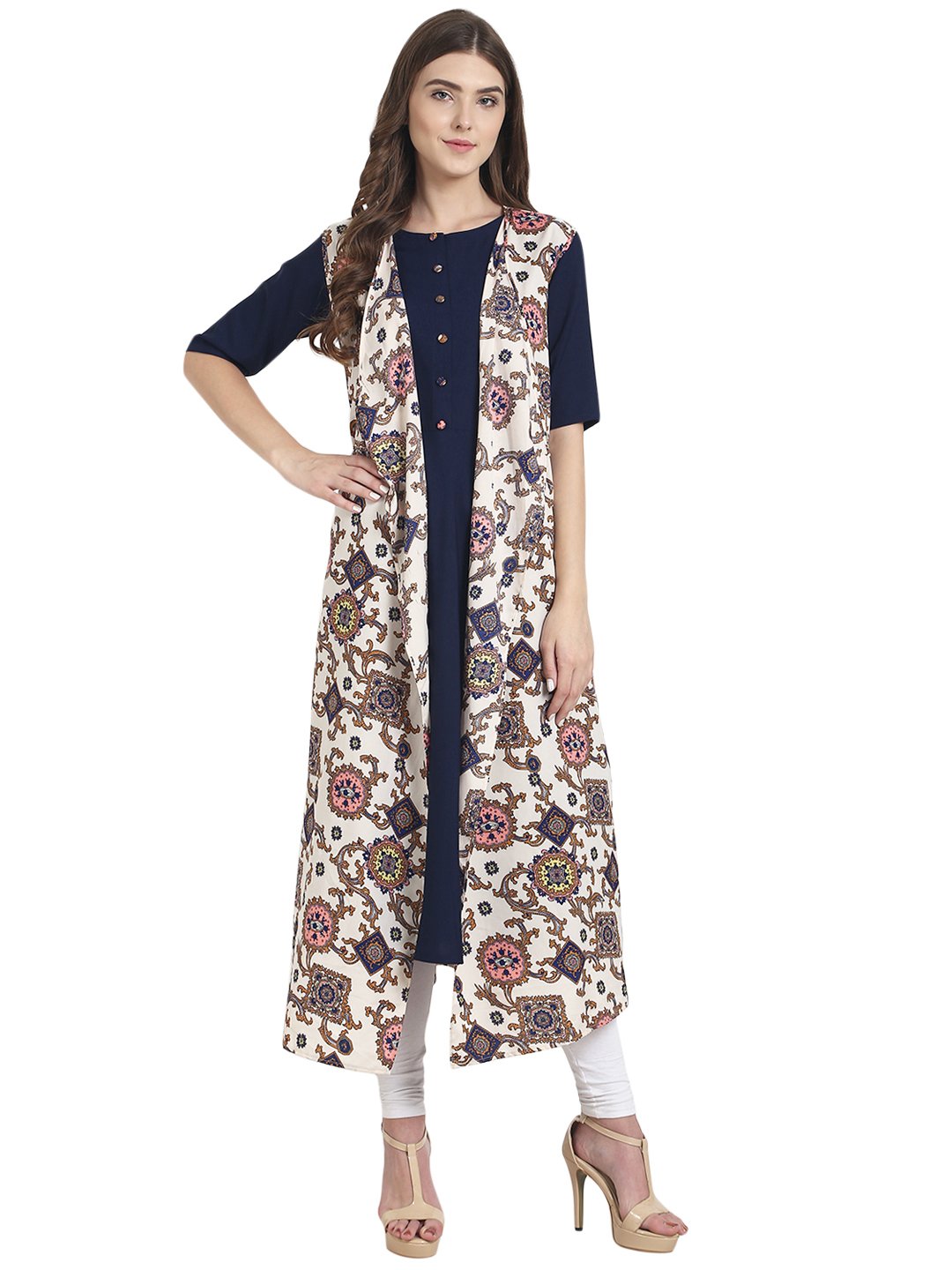 Women Blue half sleeve crepe kurta with white printed long crepe jacket | NOZ2TOZ - Made In INDIA.