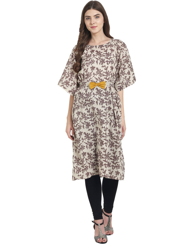 Women Beige & Brown printed half sleeve cotton kurta | NOZ2TOZ - Made In INDIA.