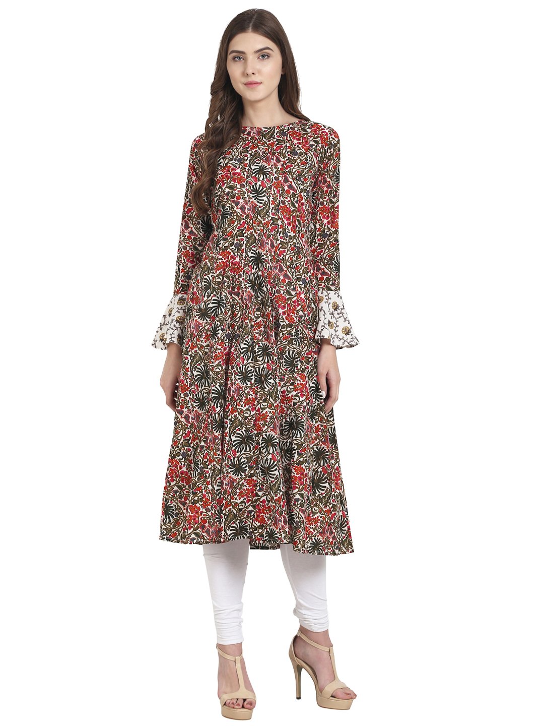 Green and red printed full sleeve cotton Anarkali kurta | NOZ2TOZ - Made In INDIA.