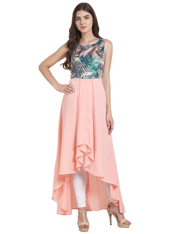 Women Peach sleeveless crepe Low high anarkali kurta with printed yoke | NOZ2TOZ - Made In INDIA.