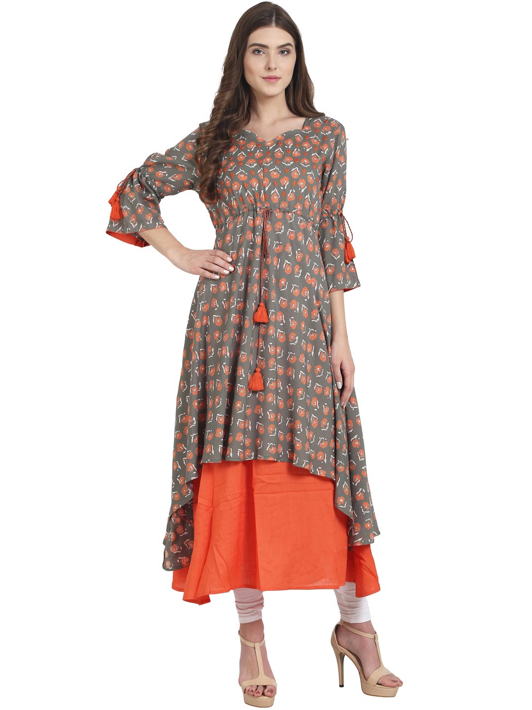 Grey and orange printed 3/4th sleeve Rayon Double layer A-line kurta | NOZ2TOZ - Made In INDIA.