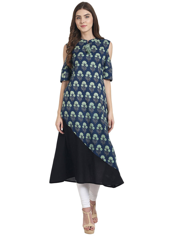 Blue printed half sleeve cotton double layer kurta | NOZ2TOZ - Made In INDIA.