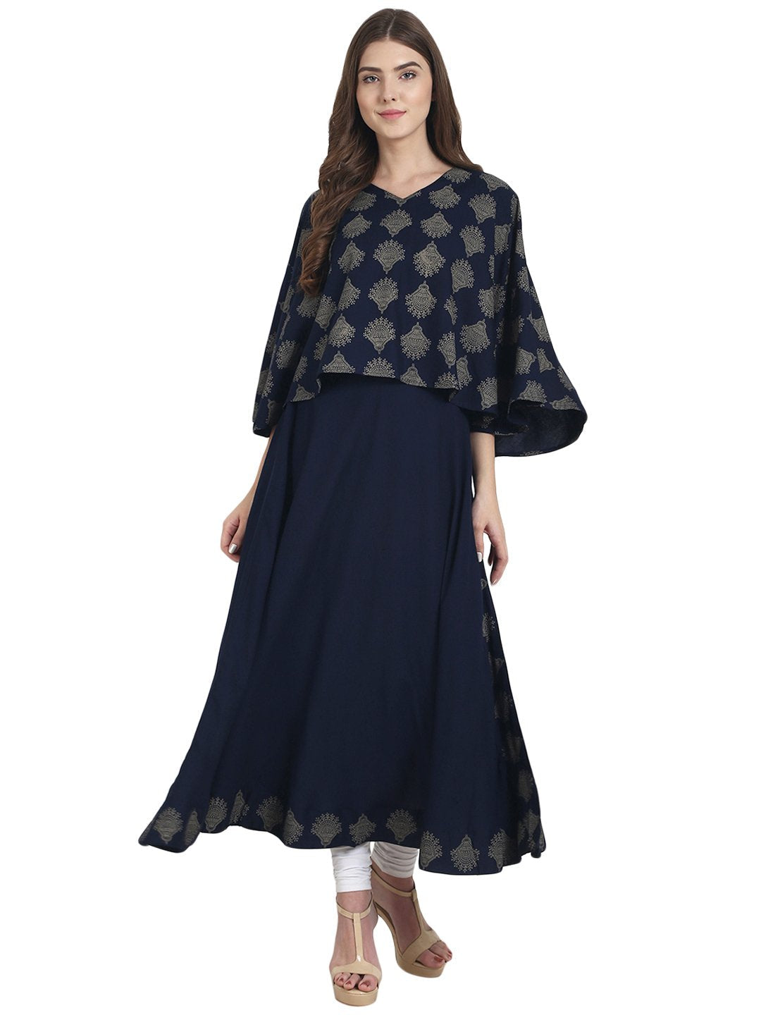 Women Navy blue Flared sleeve Rayon A-line kurta with printed jacket | NOZ2TOZ - Made In INDIA.