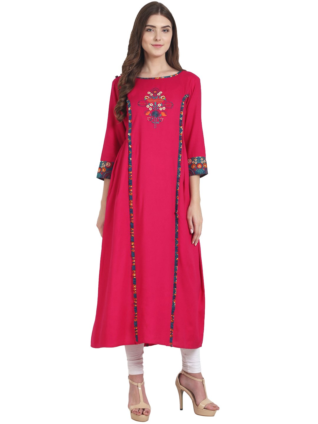 Women Magenta 3/4th sleeve Rayon A-line kurta with Embriodery work at yoke | NOZ2TOZ - Made In INDIA.