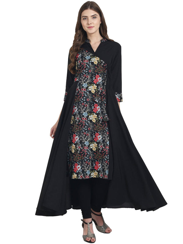 Women Black printed 3/4th sleeve crepe cape style Anarkali kurta | NOZ2TOZ - Made In INDIA.