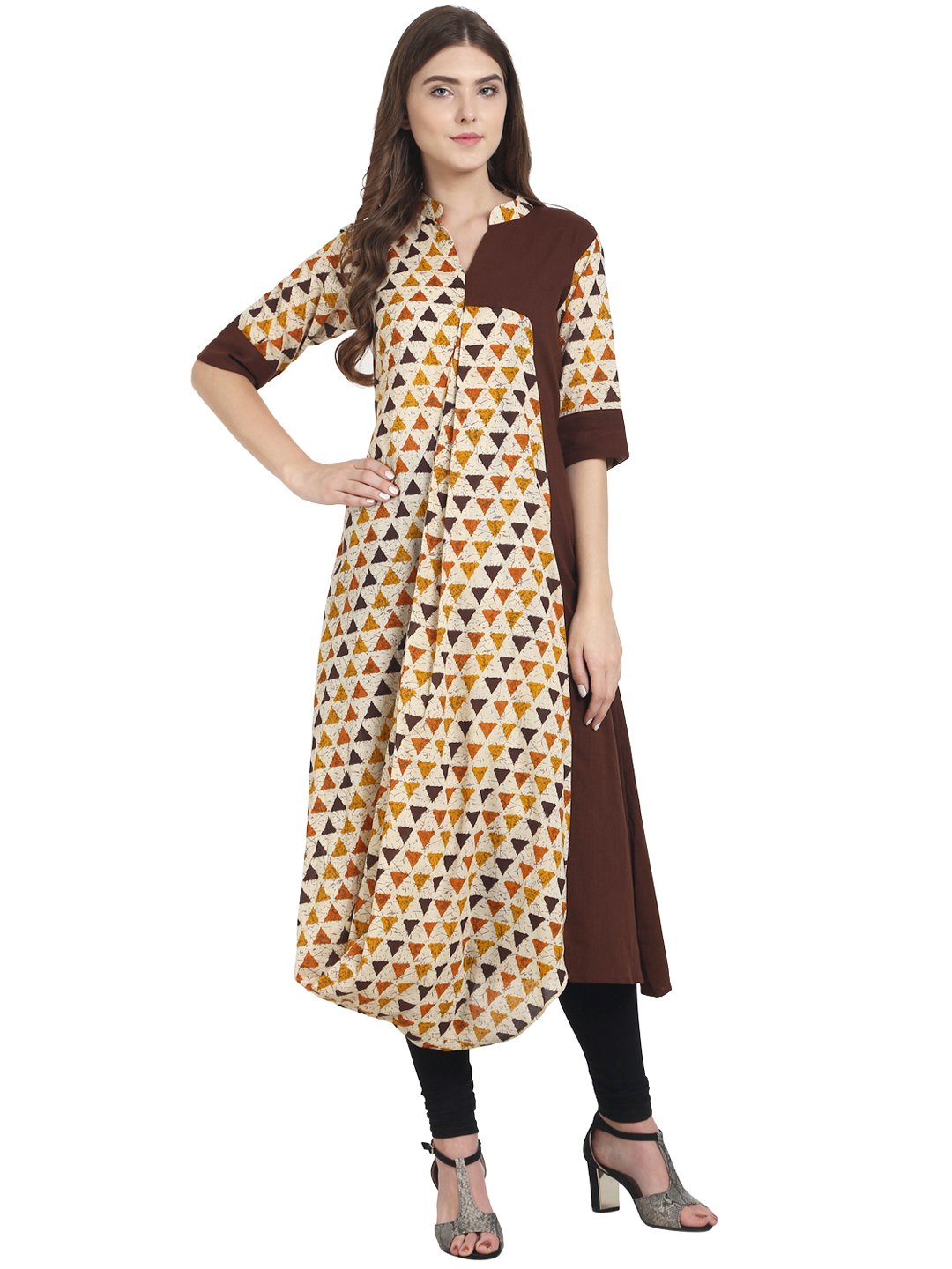 Women Yellow half sleeve cotton half A-line cowl draped kurta | NOZ2TOZ - Made In INDIA.