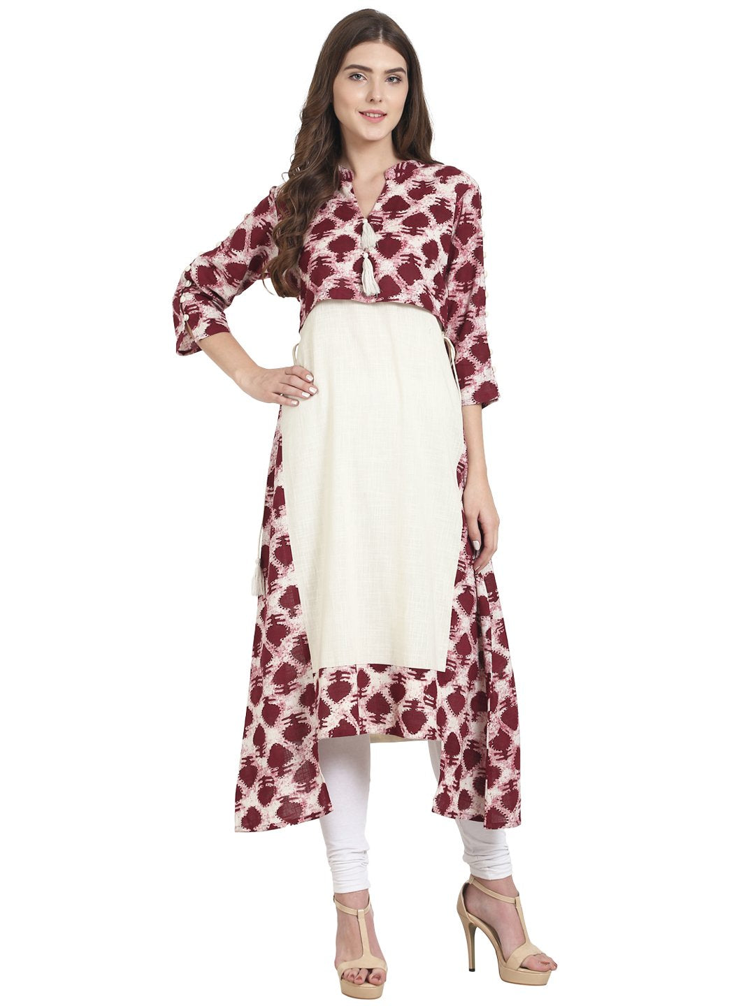 Women Maroon printed 3/4th sleeve cotton A-line kurta | NOZ2TOZ - Made In INDIA.