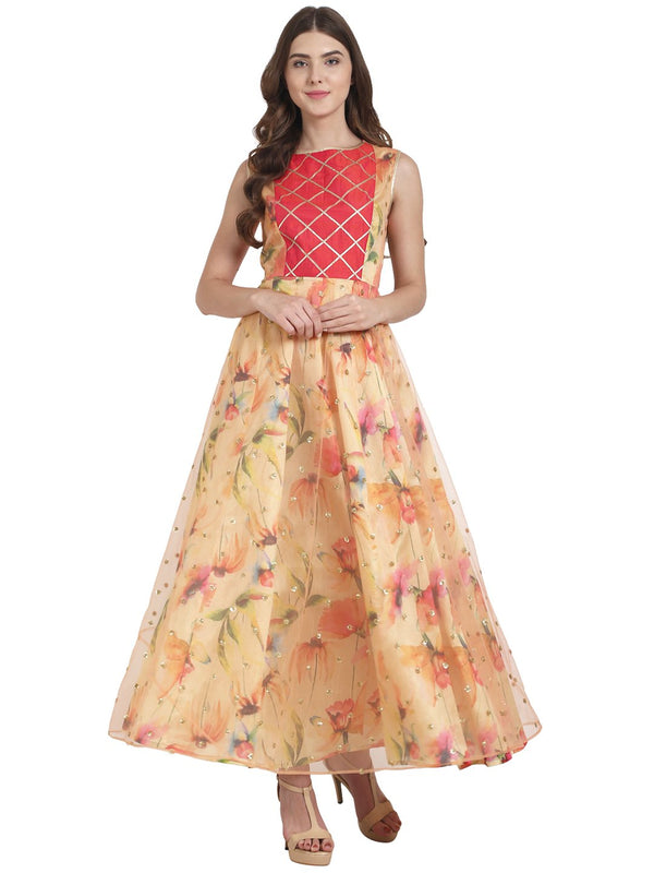 Women Peach printed dupion Anarkali with two tone pink dupion silk yoke with gota work with all over sequenced layered net | NOZ2TOZ - Made In INDIA.