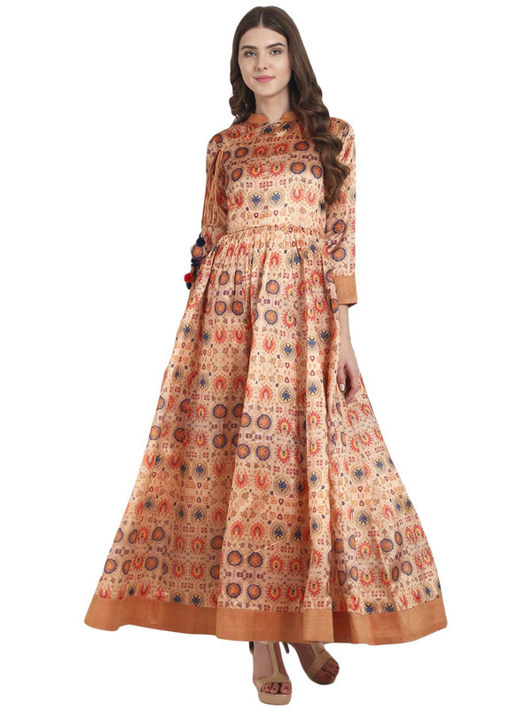 Women Rust printed dupion floor length Anarkali kurta | NOZ2TOZ - Made In INDIA.